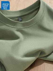 Jeanswest | American Style Waffle Texture Long Sleeve T-Shirt Autumn Youth Bean Green Casual Loose Fit