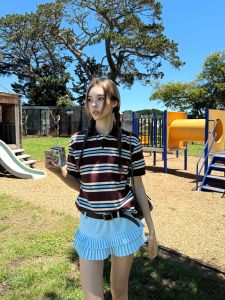 Korean Style Miu Striped Polo Neck Short Sleeve T-Shirt Women Summer American Retro College Casual Loose Versatile Top