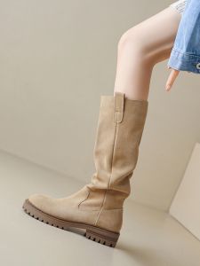 Vintage Faux Suede รอบ Toe รองเท้าบูทยาว ผู้หญิง ฤดูใบไม้ร่วง ฤดูหนาว รองเท้าส้นสูง Western คาวบอยสวมใส่สบายรองเท้าแฟชั่น