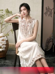 JK&JS | New Chinese Style Long V-neck Tencel Linen Embroidered Dress Womens Summer Fashion Straight Cut Midi Dress Comfortable Fit