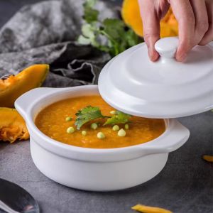 จานซุปเซรามิกสีขาวบริสุทธิ์ จานไข่ต้มสไตล์ญี่ปุ่น จานซุปสองหูสำหรับเด็ก จานอาหารกลางวันแบบยุโรป จานขนมหวาน จานกลมสำหรับใช้ในบ้าน