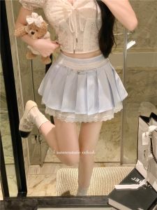 GUZILIAN | Cute Sweet Gently Ruffled Short Skirt Striped A-Line Mini Skirt Womens Low Waist Anti-Light Lace Trim Commute Simple Style