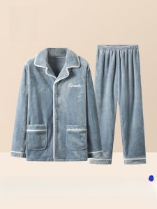 HLA | ชุดนอนผ้าขนแกะคอรัลหนาสำหรับฤดูหนาว ชุดนอนผ้าขนแกะสำหรับผู้ชายและผู้หญิง ชุดนอนผ้าขนแกะแบบสวมหัว 2 ชิ้น ทรงหลวม สไตล์ลำลอง