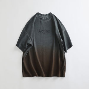 WPP Summer Heavyweight Washed Vintage Print Short Sleeve T-Shirt Gradient Dyed round Neck Slim Fit Pure Cotton Handsome Half Sleeve