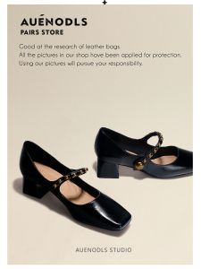 AUENODLS Genuine Leather Black Chain Strap Square Toe Chunky Heel Single Shoes Crack Face Vintage Soft High Heels Womens Footwear