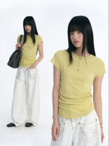 JNXS | Áo Thun Hè Thông Gió Cổ Henley Có Hoa Văn