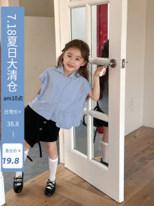 Áo Sơ Mi Trẻ Em Mùa Hè Tay Ngắn Màu Xanh Lam Cổ Bẻ Không Đều Thiết Kế Phong Cách Hàn Quốc Cho Bé Gái Từ 1-12 Tuổi