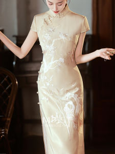 Guxiang Luo Ren Yi Silk Cheongsam Embroidered Engagement Dress New Chinese Style Womens Fashionable Elegant Long Gown