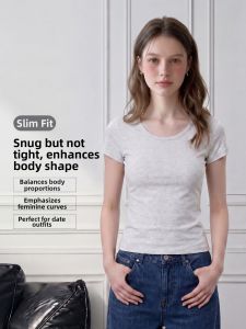 LIDIA | Gray Round Neck Minimalist Stylish Tight Short Sleeve T-Shirt