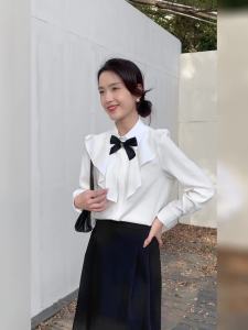 AMMIN Korean Style Classic White Sweet ruffled patchwork single breasted commuter chiffon Shirt Woman 2025 Spring and Autumn bow bow lapel preppy elegant blouse