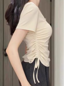 Slimming Short Sleeve V-Neck T-Shirt Womens Summer Fashionable Korean Style Commute Pure Color Waist-Cinching Top