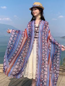 New Ethnic Style Summer Womens Wrap Outerwear with Button Design Travel Fashion Breathable Lightweight Shawl Chinese Style