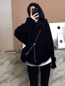 Retro American Black Hoodie Womens Spring Autumn Thin Loose Casual High-End Feeling Stylish Small Size Top Pure Color Long Sleeve