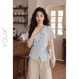 YOUXIANG | Áo Sơ Mi Ngắn Tay Định Hình Eo Kiểu Hàn Quốc Họa Tiết Lưới Không Đều