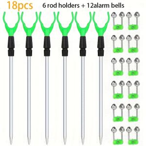18pcs Fishing Rod Holder Set:6pcs Extendable Telescopic Fishing Pole Holders for Bank Ground Sand with 12 Alarm Bells