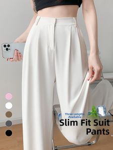 YAYANGREN | White Silk Wide Leg Pants Womens Summer Thin Straight Drapey High Waist Trousers Korean Style Commute Zipper Pocket Detail