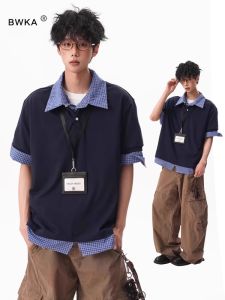 BWKA | American Two-Tone Plaid Polo Casual Five-Eighth Sleeves T-Shirt