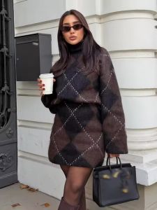 Brown Vintage Argyle Plaid Knitted Dress Sets Women Causal Turtleneck Loose Sweater +Knit Mini Skirts Set Winter Women Knitwear