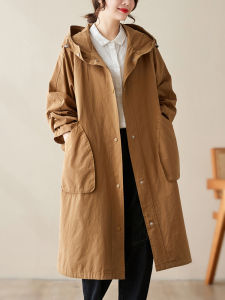 Loose Artistic Hooded Cotton Jacket with Large Pockets Medium Length Autumn Wear for plus Size Women Commute Style Fashion