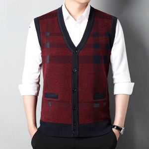 ROMON | Romon Mens Knitted V-neck Sweater Vest Autumn Winter New Style Dad Clothes Sleeveless Open Cardigan Business Casual Vest