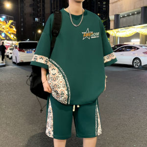 Trendy Short Sleeve T-Shirt Set for Boys Youthful Summer Fashion Polyester Fiber round Neck Print Letter Design Cool Sensation