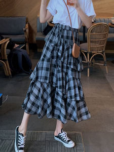 Summer 2025 High Waist Gingham Plaid Half Skirt A-Line Tulle Bordered Fish Tail Long Cake Style Slimming Skirt for Young Women