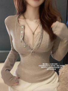 Nini Womens Lace Camisole Top Red Christmas Theme Slimming Pure Desire Set V-neck Long Sleeve Moisture Wicking Commute Style