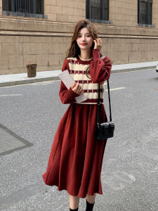 Red Knitted Midi Dress Womens Autumn New Style French Gentle Waist-Cinching Slimming Elegant Long Dress Fake Two-Piece