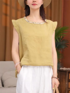 QINGNAER | Retro Style Light Yellow Pearl Collar Sleeveless Shirt For Plus Size Women