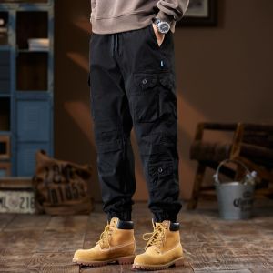 American Retro Mens Loose Fit Casual Cargo Pants Multi-Pocket Trousers Spring Autumn Harlan Cuffed Nine Points Pants