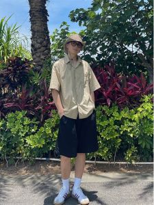 Retro Japanese Style Mens Short Sleeve Shirt Summer Trendy Brand Shoulder Drop Seven Sleeve High End Feeling Vacation Style Half Sleeve T-Shirt