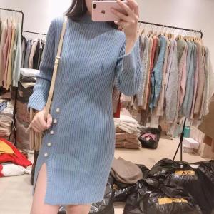 ●ECLAIRE● 043 Dress Mini Knit Rajut Lengan Panjang Longsleeves Slit Belahan Button Kancing Korea Kasual Urban Trendy Mode Import llo