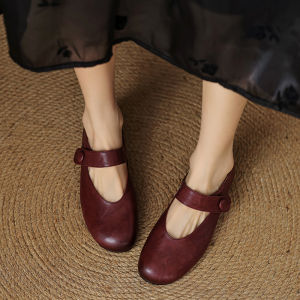 รองเท้า Mary Jane ส้นเตี้ยสีแดง หนังนิ่ม ทรงหัวมน สำหรับผู้หญิง รองเท้าแฟชั่นฤดูใบไม้ร่วง รองเท้าลำลอง รองเท้าสวมสบาย