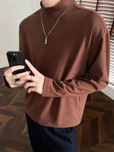 Áo Thun Nam Cổ Cao Dày Dặn Mùa Thu Đông Màu Nâu Cà Phê Áo Thun Dài Tay Lót Lông Cừu Phong Cách Mỹ Thường Ngày
