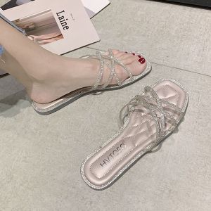 Fashion slippers for women summer outdoor wear 2025 new flat rhinestone sandals Korean version casual beach shoes