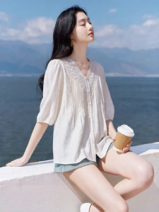 XIANGYING | White Cotton-linen Womens Blouse Short Sleeves