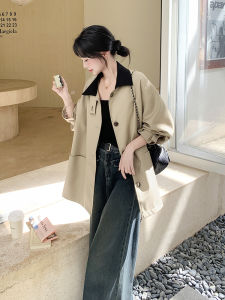 Retro Color Block Design Womens Coat Loose Casual Long Sleeve Polo Collar Windbreaker Spring Autumn New Style Polyester Fiber