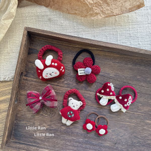 Adorable Red Cartoon Bear Flower Hair Ties And Hair Bands for Childrens Hair Accessory New Years Festive Style Fabric Hair Bands
