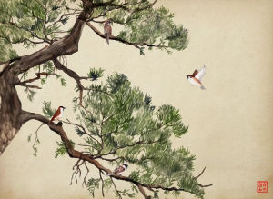 Jigsaw Puzzle 500/1000/1200/2000PCS Japanese Pine Tree Sparrows Oriental Ink Landscape Art Wall Decor Gift