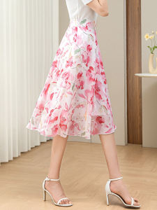  Floral Print Chiffon A-Line Midi Skirt Womens plus Size High Waist Flared Miniature Figure Skirts Summer New Style