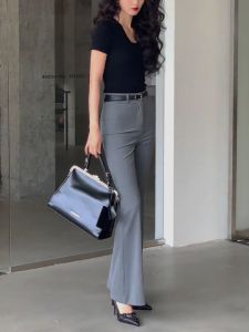 Gray Slimming Trousers Womens High Waist Draping Thin Floor-Length Pants Autumn New Style Korean Version Straight Cut Pants