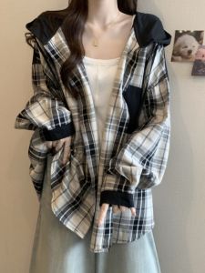 Áo Khoác Sơ Mi Kẻ Caro Cổ Tròn Dáng Rộng Thoải Mái Cho Nữ Mùa Xuân Thu Cỡ Lớn Thiết Kế Đơn Giản Phong Cách Hàn Quốc