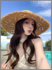 Womens Lattice Laffey Straw Hat Summer Beach Vacation Large Brim Sunshade Hat Casual Style round Top Cap for Outings