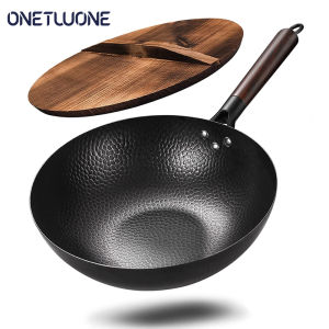 Onetwon Handmade Iron Wok Chinese traditional iron pan with wooden handle Kitchen Induction Gas Cookware Pot Frying Pan 32cm
