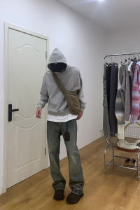 Retro Blue Cleanfit Mens Jeans American High Street Vibe Loose Straight Leg Bell Bottoms Trendy Autumn Brand Youth Polyester Fiber