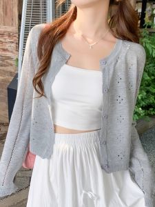 Gray Knitted Cardigan Thin Womens Summer Strap Dress Outer Sunshade Coat Air Conditioning Sweater V-neck Long Sleeve Regular Fit