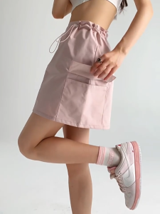 Womens Casual High Waist Elastic Plain Drawstring A-line Short Skirt