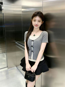 GUZILIAN | Dopamine-Boosting Miu-style Yellow Two-layer Bow T-shirt Summer Short Sleeve