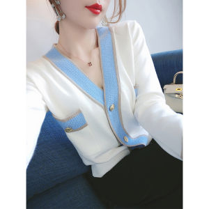 WANGGONGZHU | Long Sleeve V-Neck Knitted Open Cardigan Womens Spring Autumn New Style Korean Version Versatile Elegantly Worn Outside Sweater