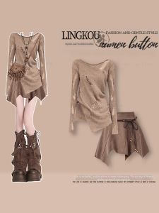 NUMEN BUTTON | Oversized Wasteland Style Set Summer Fashionable Small Crowd Design Hollow Out Knit Top High Waist Western Cowgirl Short Skirt